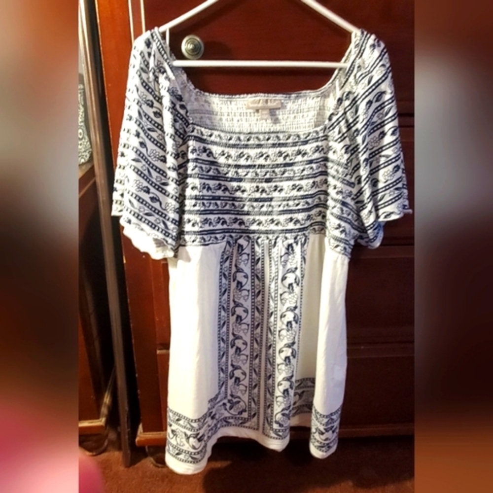 NEW! Plus Size Woman Within Top- Festive Style- Blue/White